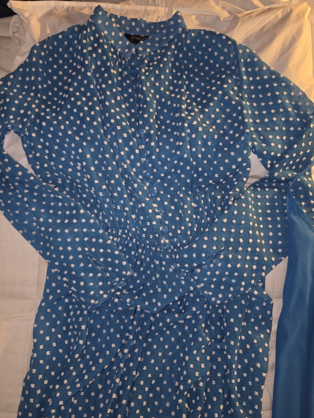 Saloni HOT ITEM! Alexia Swiss-Dot Chiffon Maxi Dress in Azure/White. Sz 4. R2S! - Picture 10 of 16
